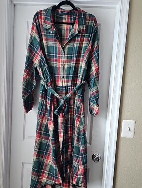 BloomChic Green Red Cream Plaid Shirt Dress
